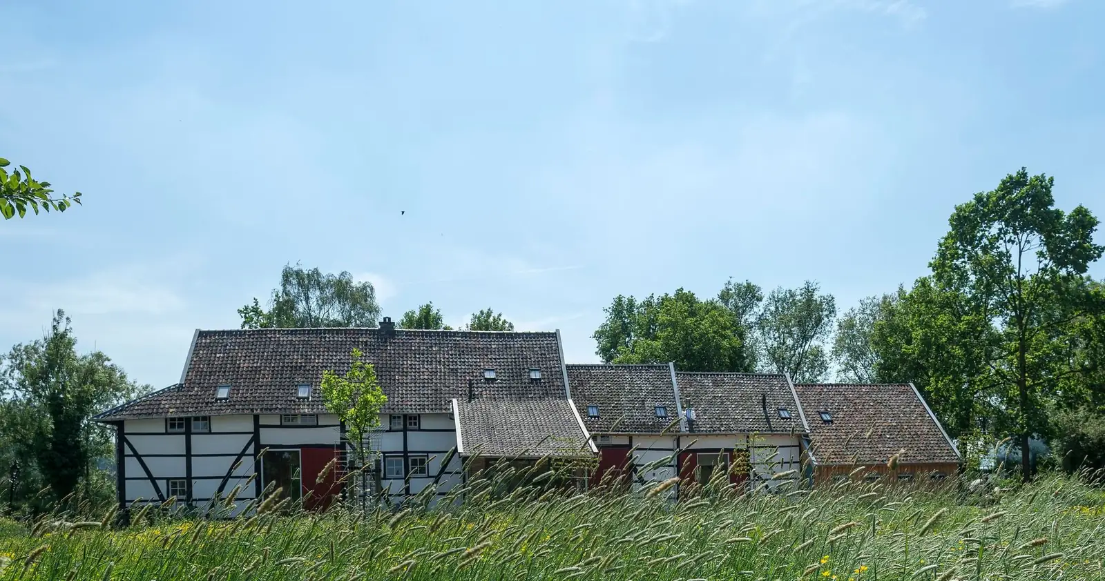 Fachwerkhof im Weiler Hurpesch bei Mechelen, vom hohen Gras des Göhltals aus gesehen